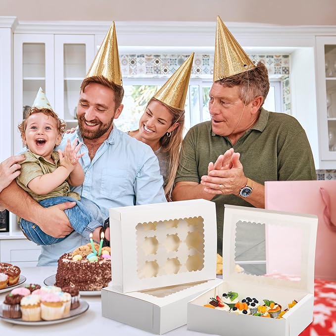 36 Pack Cupcake Boxes Hold 12 Count Christmas Disposable Cupcake Containers with Window and Cake Carrier with Thanks Card and Jute Rope to Muffins Cupcakes Cookies Gift Wrapping(White)