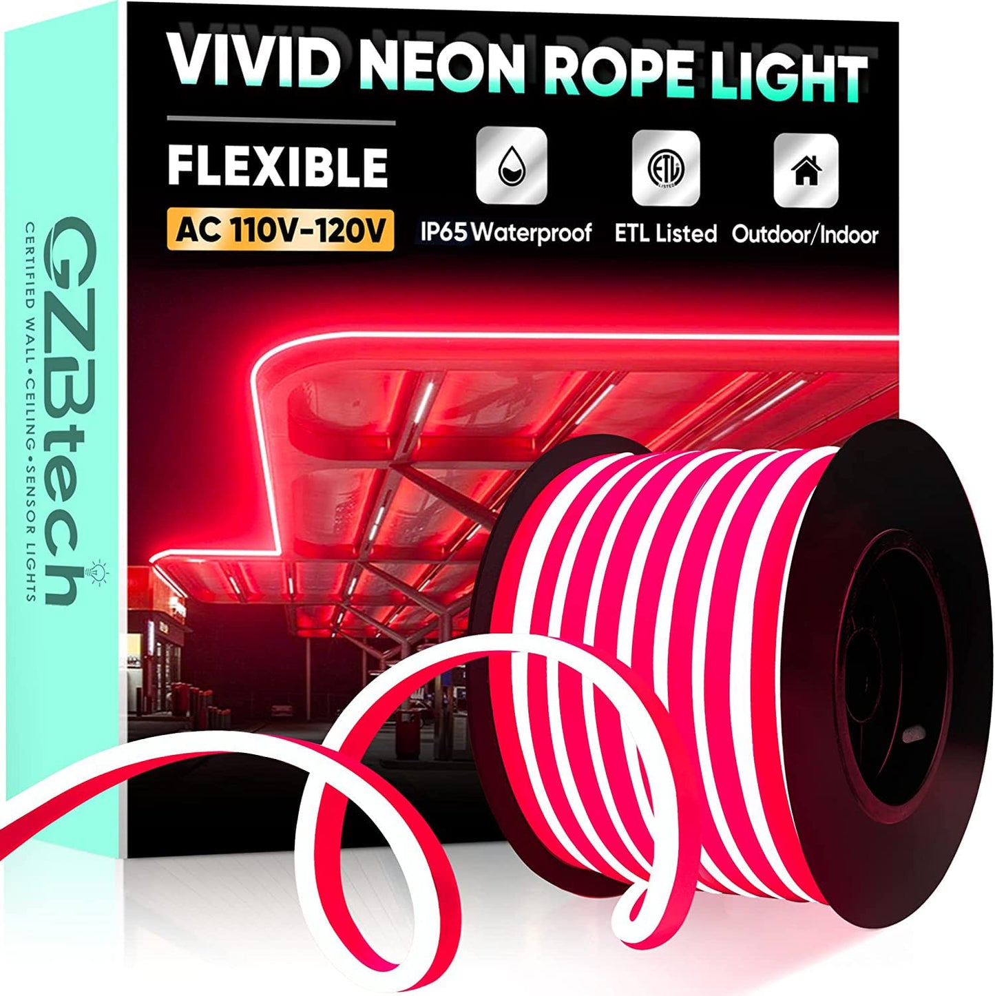 Gzbtech Flexible Led Neon Rope Lights 66Ft Ac 110-120V Waterproof Strip Light  120 Leds/M Cuttable Connectable Neon Lighting For Indoor Outdoor Home Decor/Commercial Building Use-Red 20M