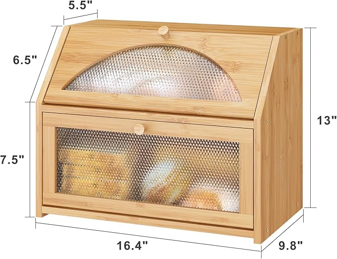 Bread Box, Bamboo Wood Bread Box for Kitchen Counter, Double-layer Bread Storage Bin, Acrylic glass with Diamond Patterns (Natural, Large)