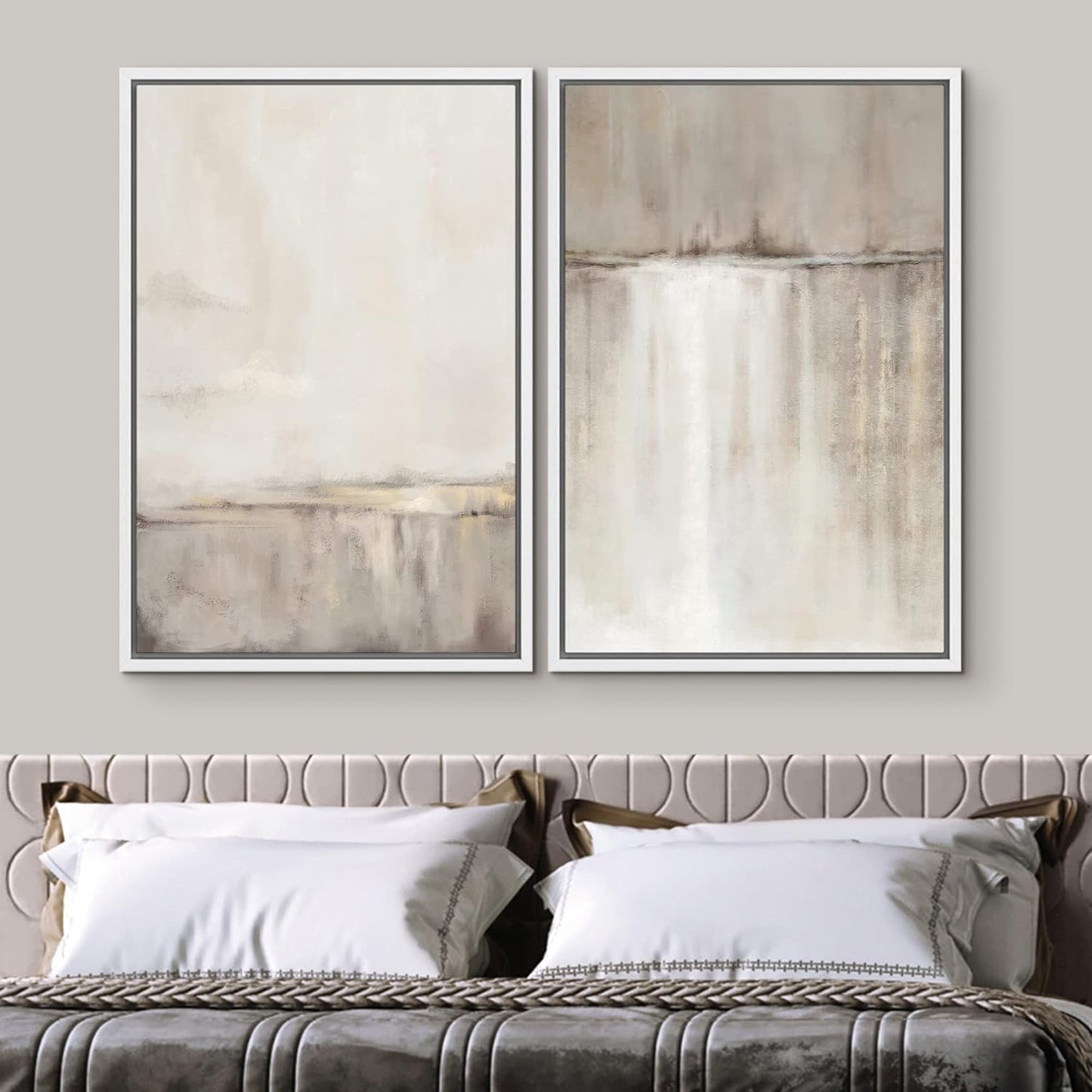 SIGNWIN Framed Canvas Print Wall Art Set Grunge Duotone Tan Landscape Abstract Shapes Illustration Modern Art Decorative Nordic Chic Relax/Zen for Living Room, Bedroom, Office - 24"x36"x2 White