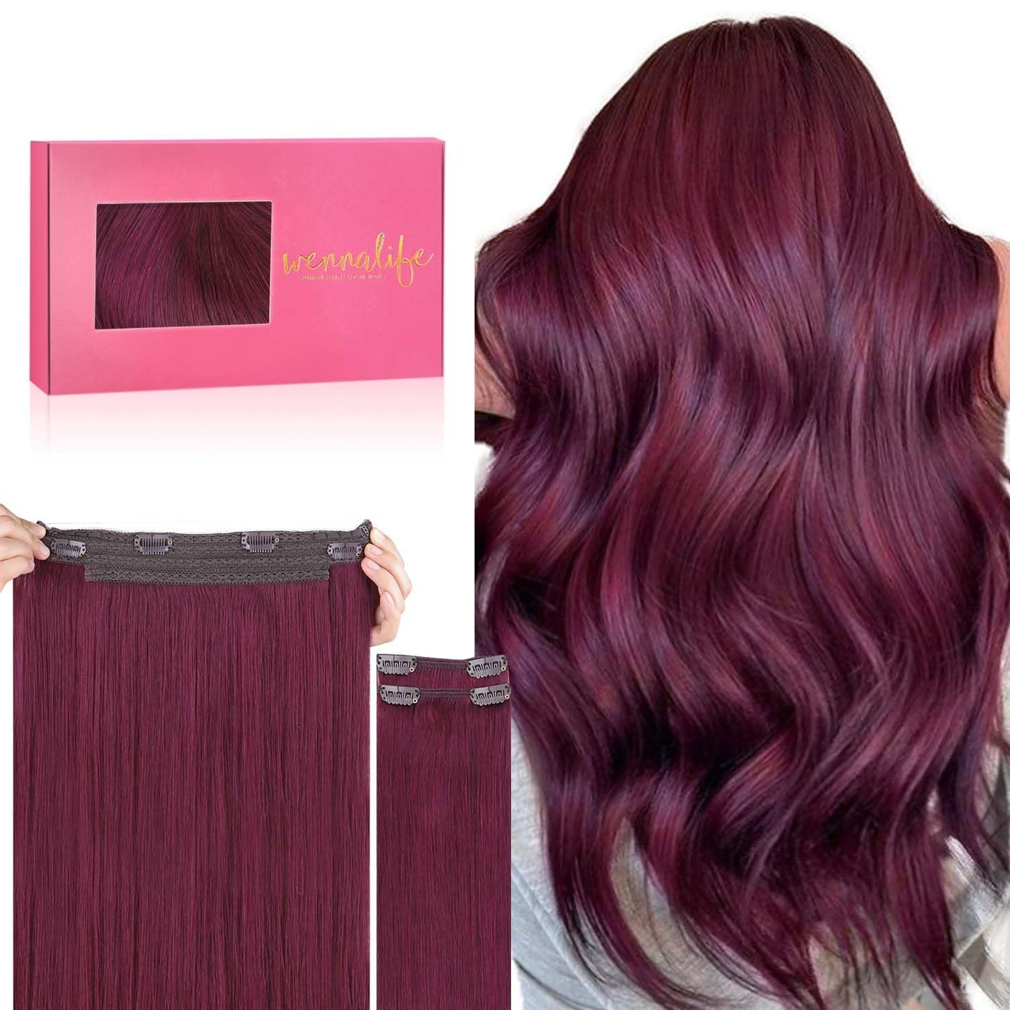 WENNALIFE Wire Hair Extensions (Increase 50% Lifespan) Real Human Hair 20 inch 140g Light Burgundy Remy Hair Invisible Transpare