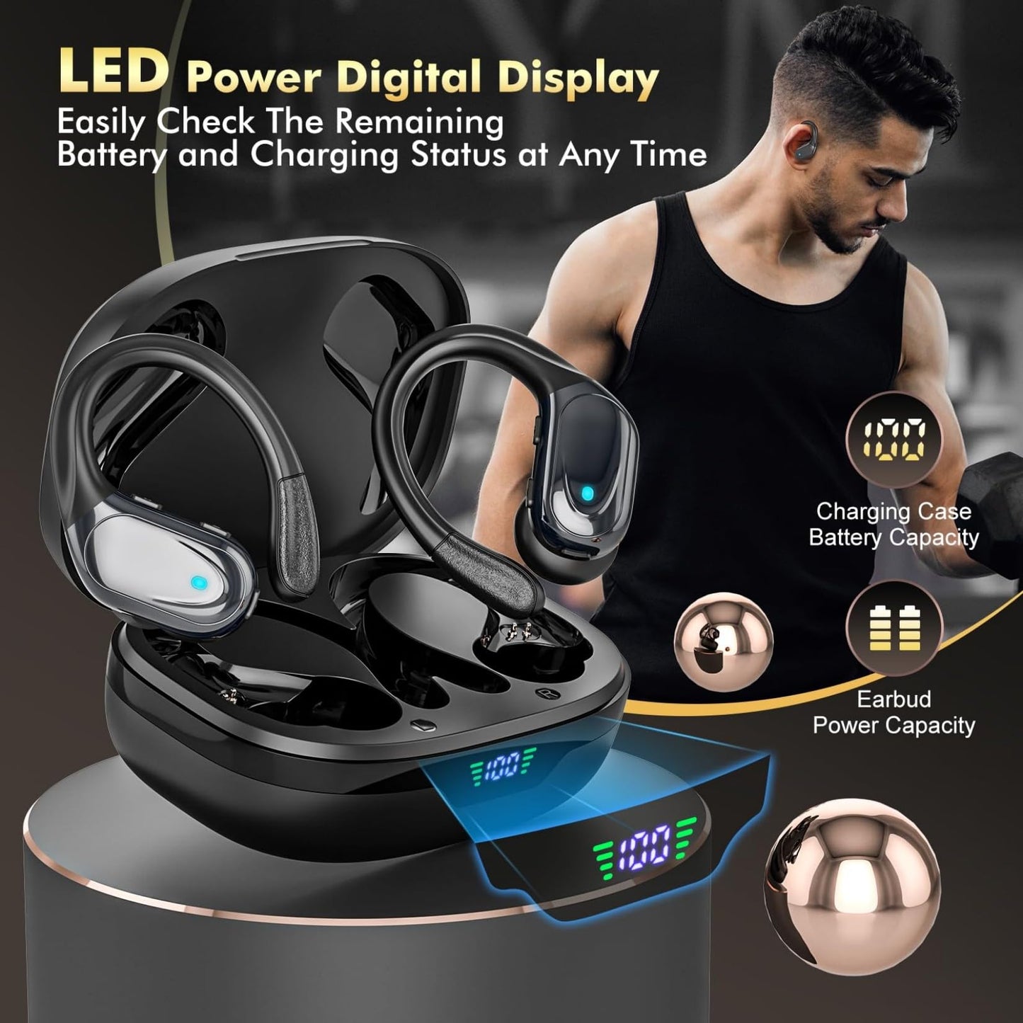 HAOYUYAN Wireless Earbuds, Sports Bluetooth Headphones, 80Hrs Playtime Ear Buds with LED Power Display, Noise Canceling Headset, IPX7 Waterproof Earphones for Workout/Running