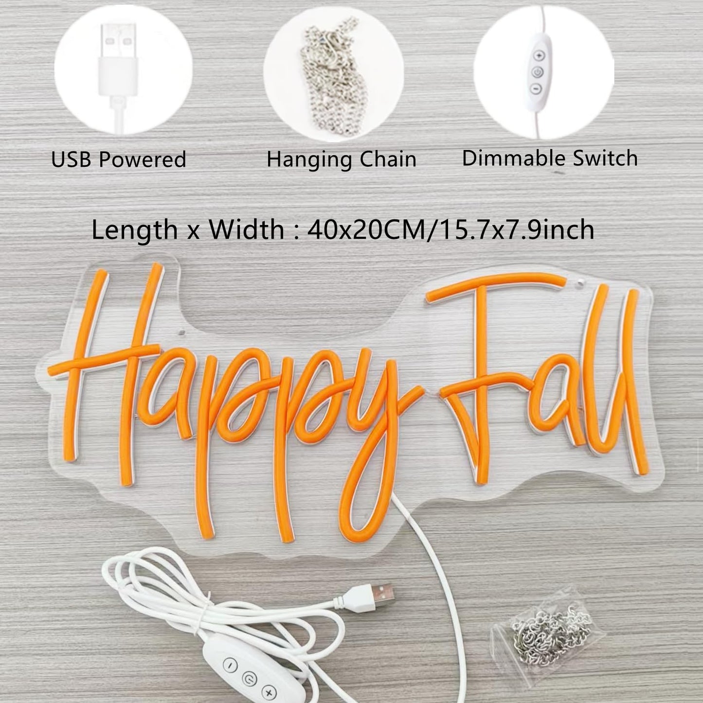 Happy Fall Neon Sign Light Decorative Led Wall Art Night Lamp With Dimmable Switch And Hanging Chain For Autumn Thanksgiving Fireplace Outdoor Garden Door Desktop Hanging Ornaments