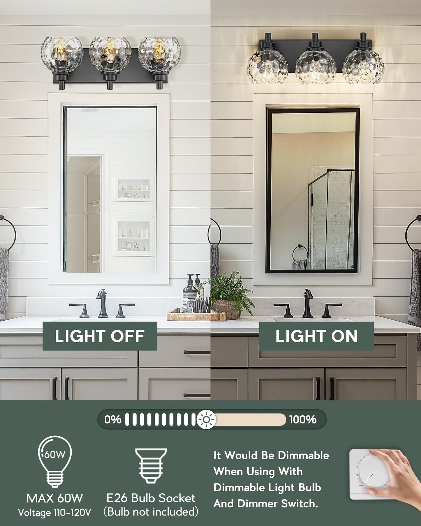 Metwet Bathroom Light Fixtures Over Mirror  3-Light Matte Black Vanity Light With Clear Hammered Glass Globe Shade  Modern Sconces Wall Lighting For Bedroom Hallway  Vl200-Mb-3
