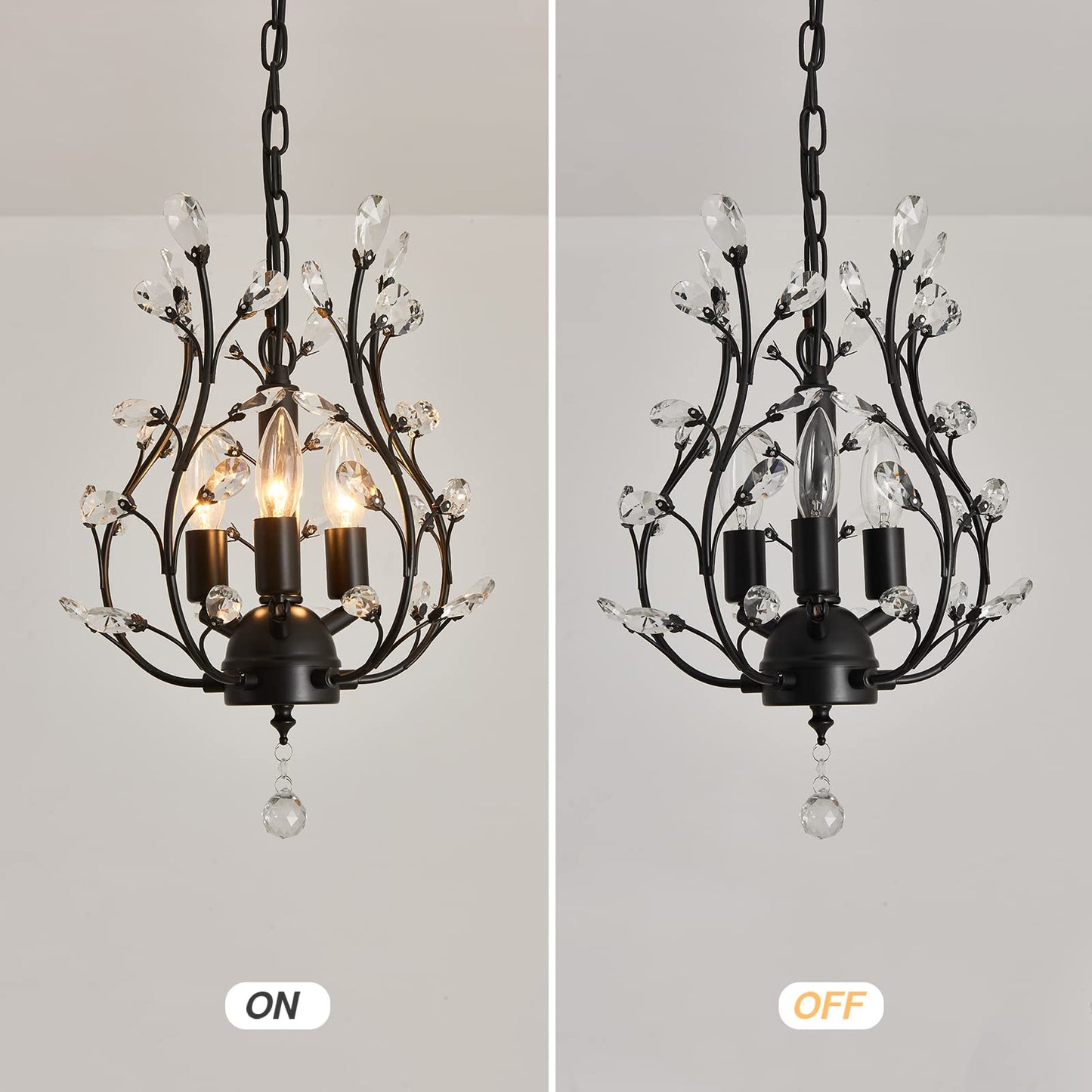 CVKASH 3-Light Branch Crystal Chandelier Flush Mount Lighting 11 Inch Metal Vintage Black W-2016 for Bedroom Dining Room Kitchen