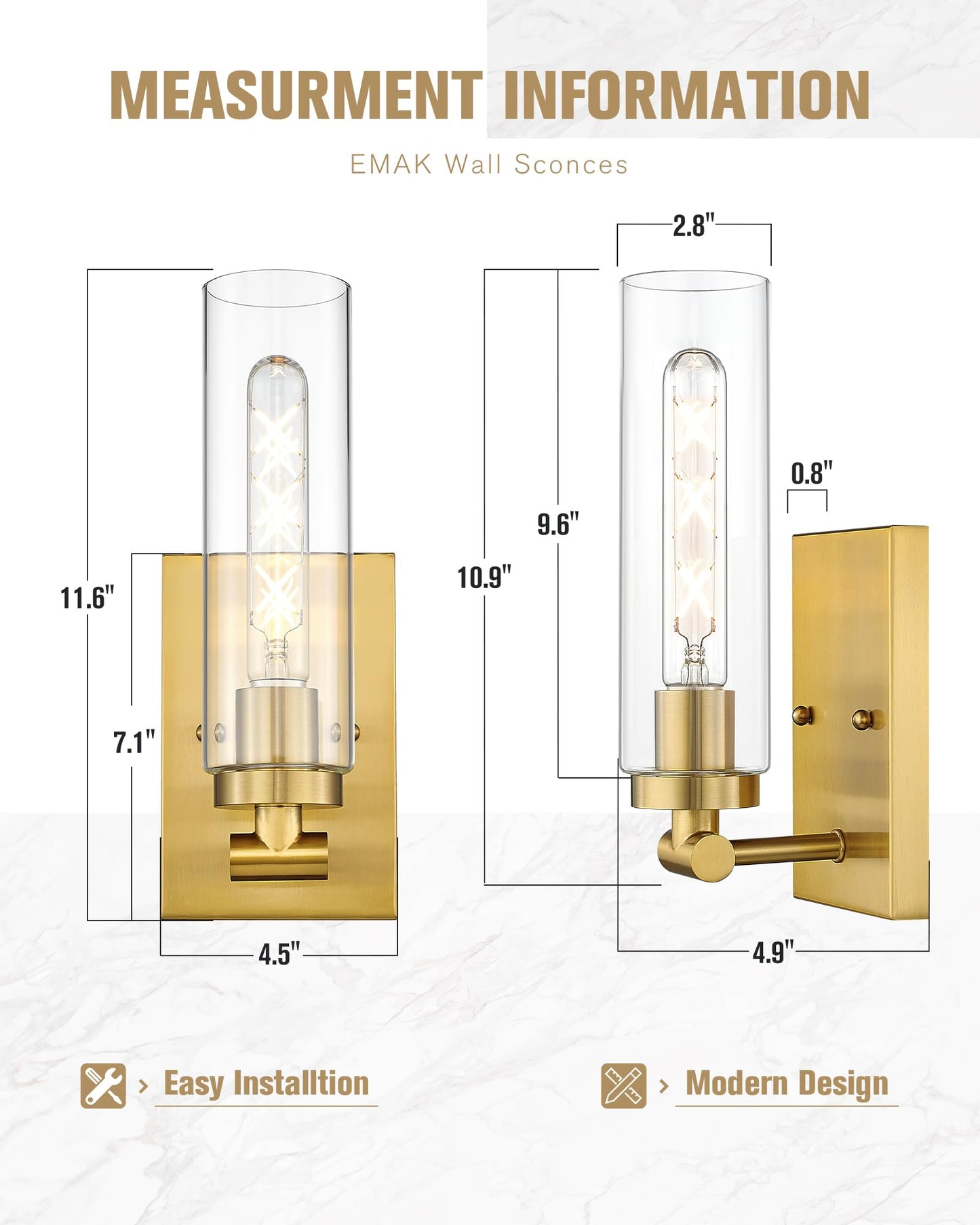 Emak Wall Sconces Set Of Two  Modern Brushed Gold Sconce With Clear Glass Shade  Bathroom Lighting Fixtures For Mirror  Living Room  Bedroom  Gallery  Ws086-Bgd-Cg-2Pk
