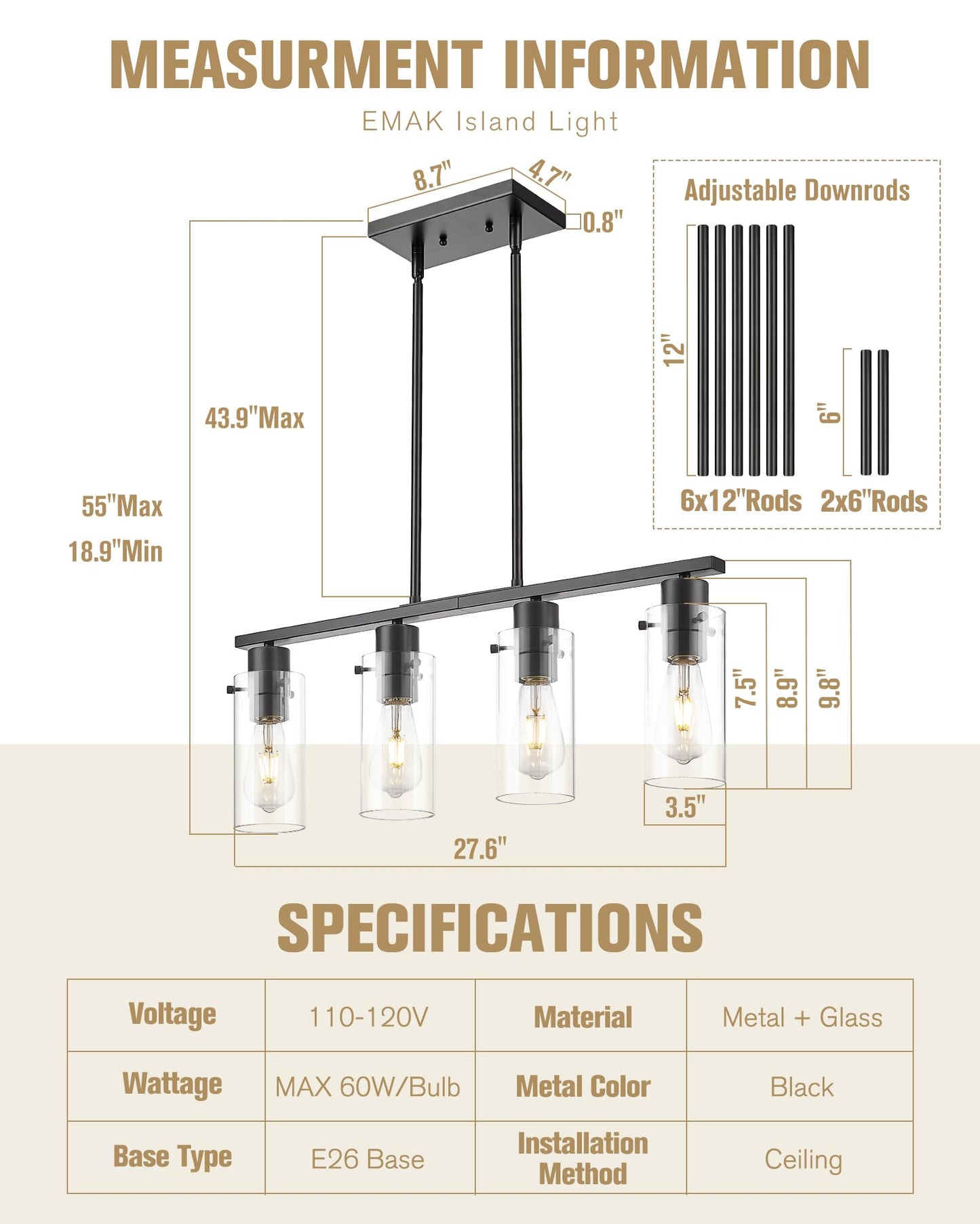 Emak Modern Black Kitchen Island Lighting  4-Light Dining Room Light Fixtures Over Table Farmhouse Linear Chandelier With Clear Glass Shade For Kitchen Dining Room  Pl120-Bkbk-4L-Cg