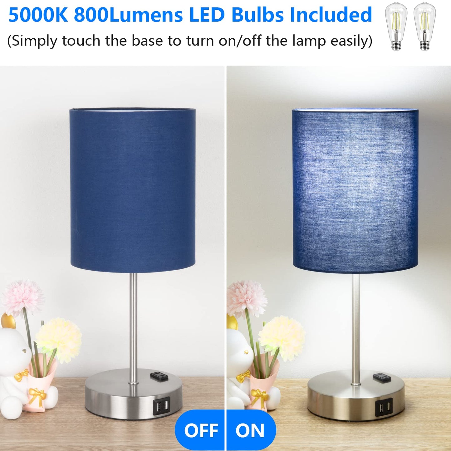 ShineTech Touch Control Bedside Table Lamp Set of 2, 3-Way Dimmable, 2 USB Ports, AC Outlets, Blue, Model JYT-01471-TL