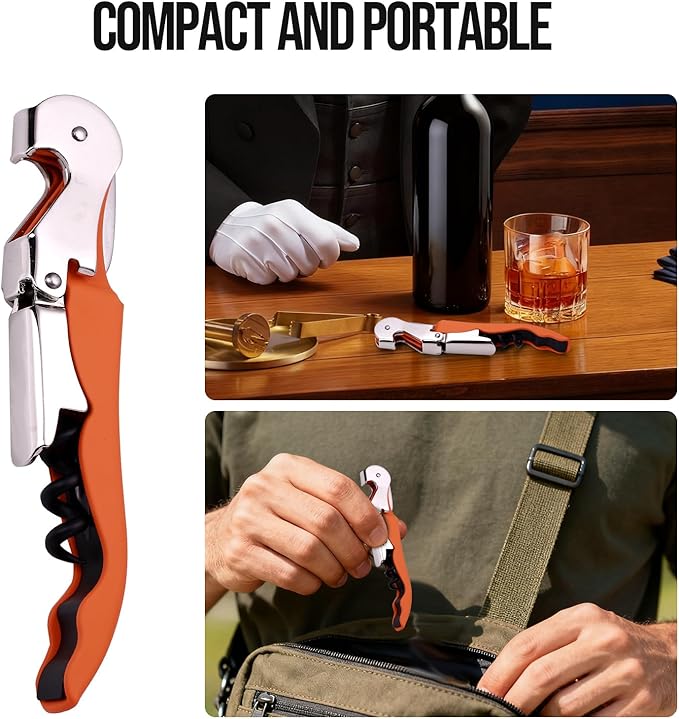 Soft Velvet Touch Waiters Double Hinge Corkscrew Wine Key Bottle Opener，Heavy Duty Waiter Corkscrew, Foil cutter and Bottle Opener,2-pack (2, Orange)
