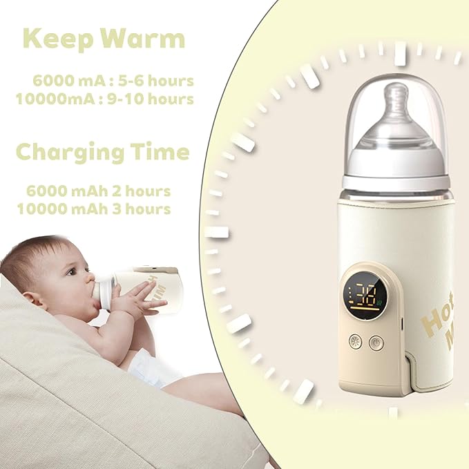 Bottle Warmer on the go,Comfortable Car Waterless Breastmilk Heater,Rechargeable Portable Milk Warmer for Travel,Fast Warming,Long-Lasting Warming up to 6-10H (6000 mAh)