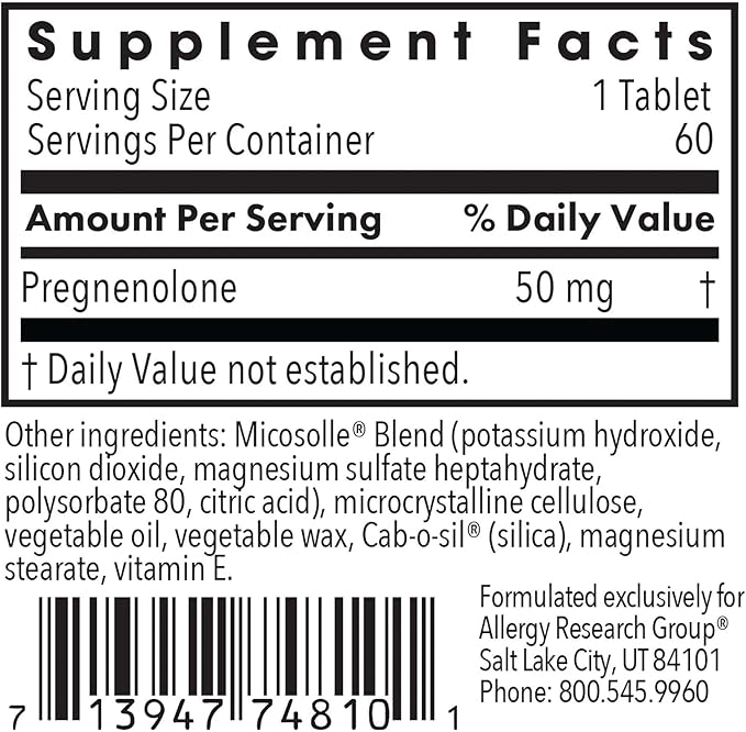 Allergy Research Group Pregnenolone Supplement - Progesterone Supplements 50mg, Hormone & Stress Support, Made from Non-GMO Wild Yam, Micronized Lipid Matrix, Plant-Sourced, Scored Tablets - 60 Count