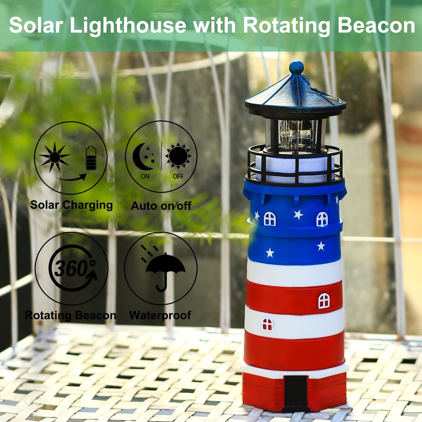 WDLFCGC Solar Powered Lighthouse - 12in Rotating Beacon Decoration, Blue Top, Model 3130C