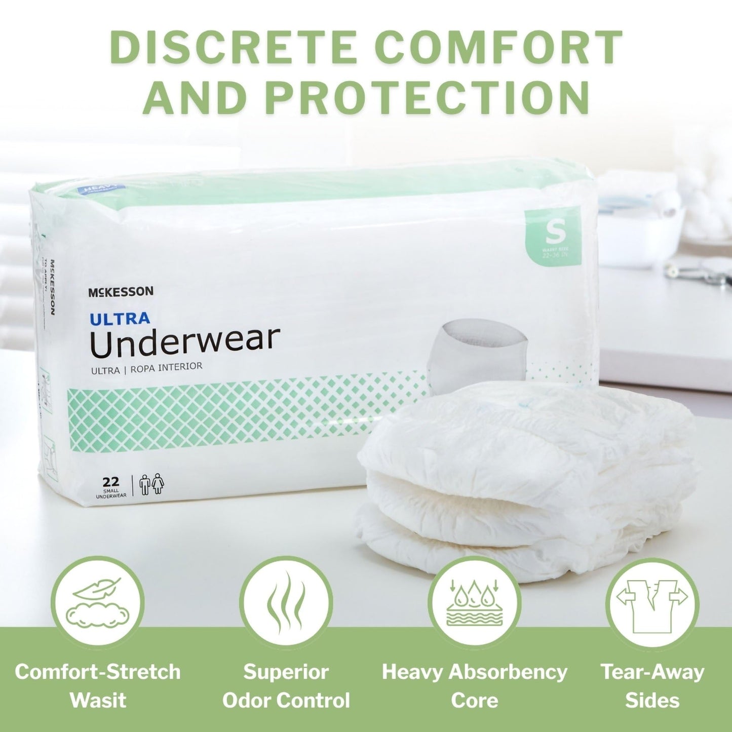 McKesson Ultra Adult Incontinence Underwear, [22 Count], Heavy Absorbency, Small, 22-36 in. Unisex Bladder Leak Protection, Pull-On Style with Tear-Away Sides, Postpartum and Incontinence Support