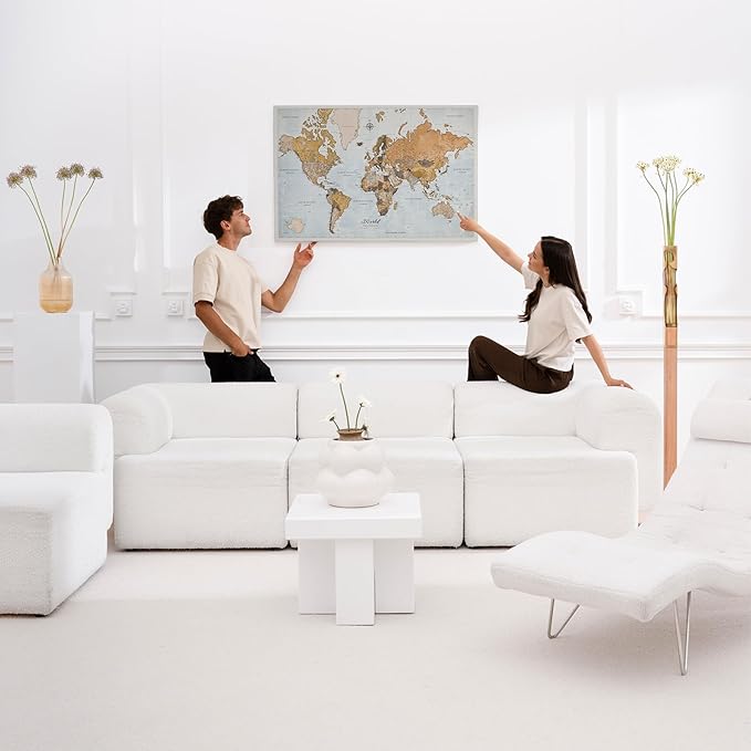 Canvas World Map with Cork Pin Board - English Lettering - Decorative Wall Decoration for All Rooms - Canvas Pictures with World Map Motif (150x100 cm, Pattern 14)