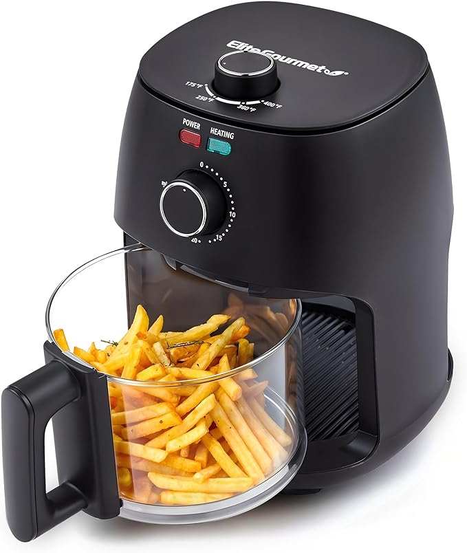 Elite Gourmet EAF2305 Glass Air Fryer, 2.4Qt Capacity, PFAS Free Ceramic Coated Ceralast™ Air Fry Rack, Adjustable Temperature 175°F to 400°F, 30-Minute Timer, 1150-Watts, 15 Recipes, Black