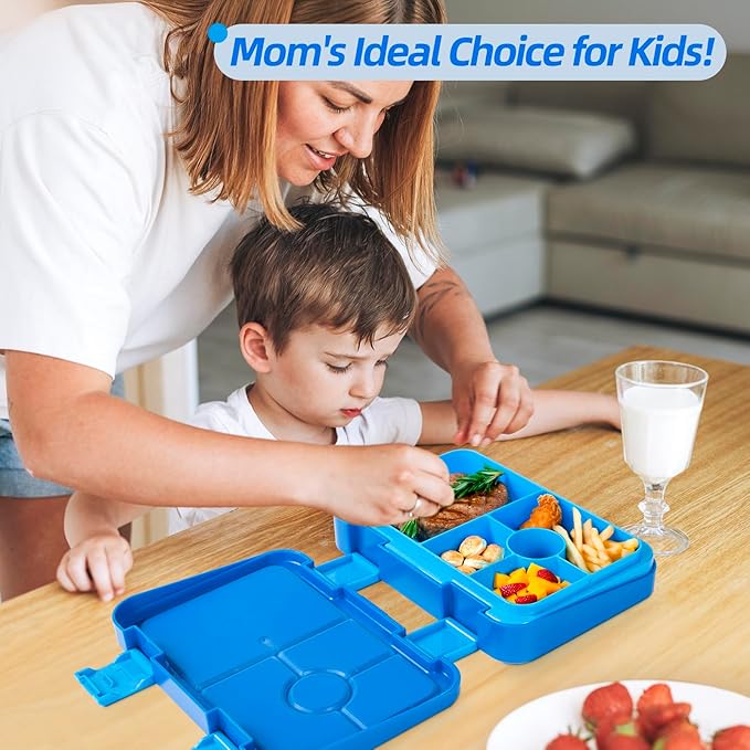 Bento Lunch Box for Kids, 6 Compartments BPA Free, Dishwasher Safe Back to School Snack Bento Lunch Containers Boxes, Ideal Portion Sizes for On-the-Go Meal, Ages 3+, School, Blue
