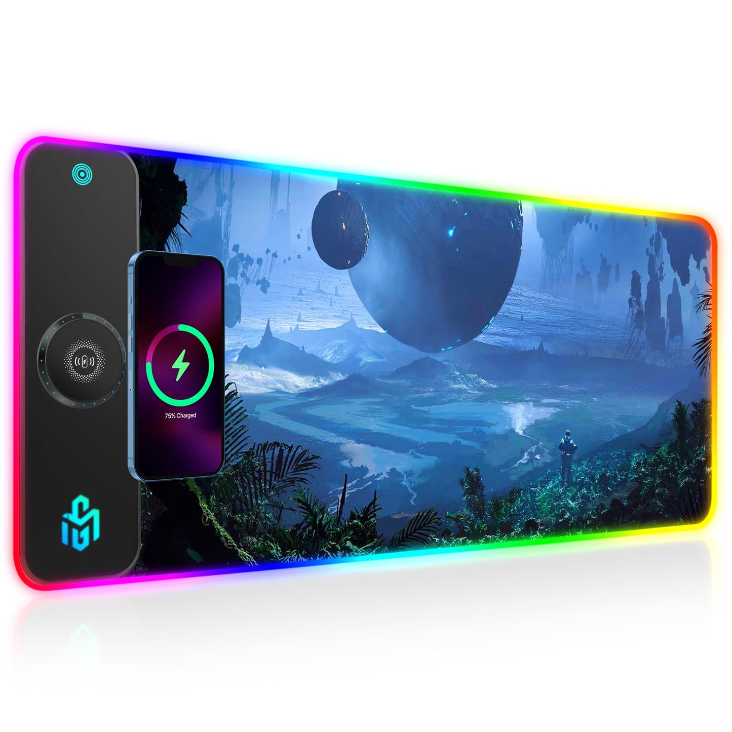 GIM 15W Wireless Charging RGB Gaming Mouse Pad, LED Mouse Pad 800x300x4MM, 10 Light Modes Extra Large Mousepad Non-Slip Rubber Base RGB Desk Mat for Gaming, MacBook, PC, Laptop, Desk (Planetary)