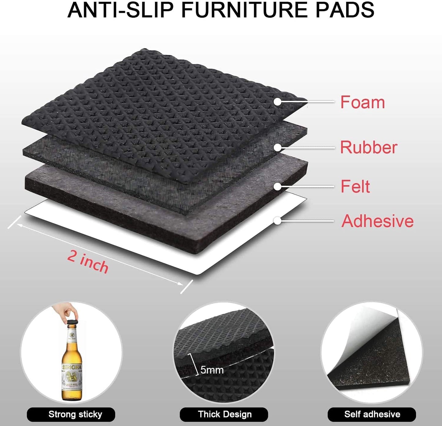 Yelanon Non Slip Furniture Pads-12pcs 2" Furniture Grippers Hardwood Floors Non Skid for Furniture Legs Self Adhesive Rubber - Feet Anti Slide Furniture Floors Protectors for Keep Couch Stoppers