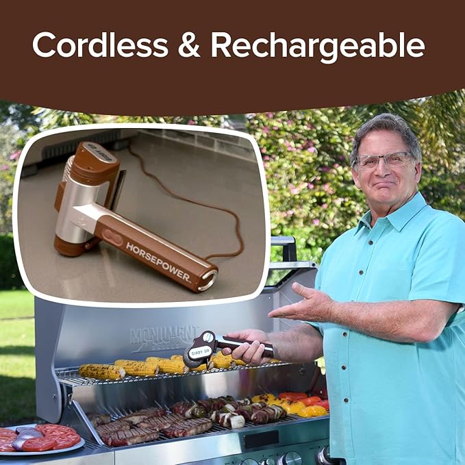HorsePower Giddy Up Grill Cleaner AS SEEN ON TV! – Cordless, Rechargeable BBQ Tool with 350 RPM Stainless Roller, LED Light – Patents Pending – From BulbHead, a Family-Owned American Brand