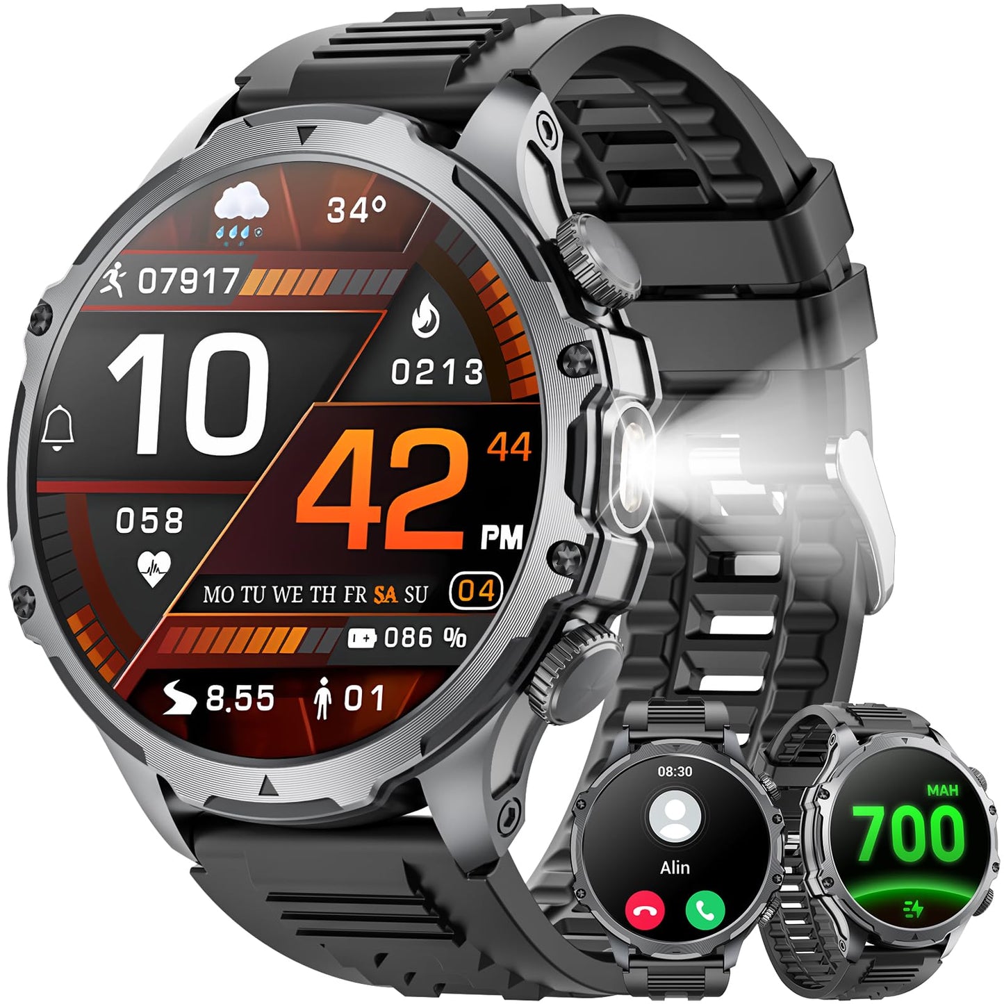 Mingtawn Military Smart Watch for Men (Answer/Make Call), 1,85" HD Touch Screen 700mAh Large Battery Fitness Watch with Flashlight/Heart Rate/Sleep Monitor Fitness Tracker for iPhone & Android Black