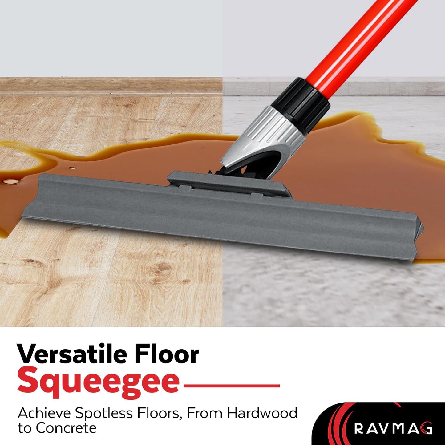 Silicone Floor Squeegee with 55-Inch Long Handle, 12-Inch Single Cast Silicone Blade, 360° Swivel Joint - Multifunction Floor Squeegee for Garage, Concrete Floor, Shower Floor, Glass Windows