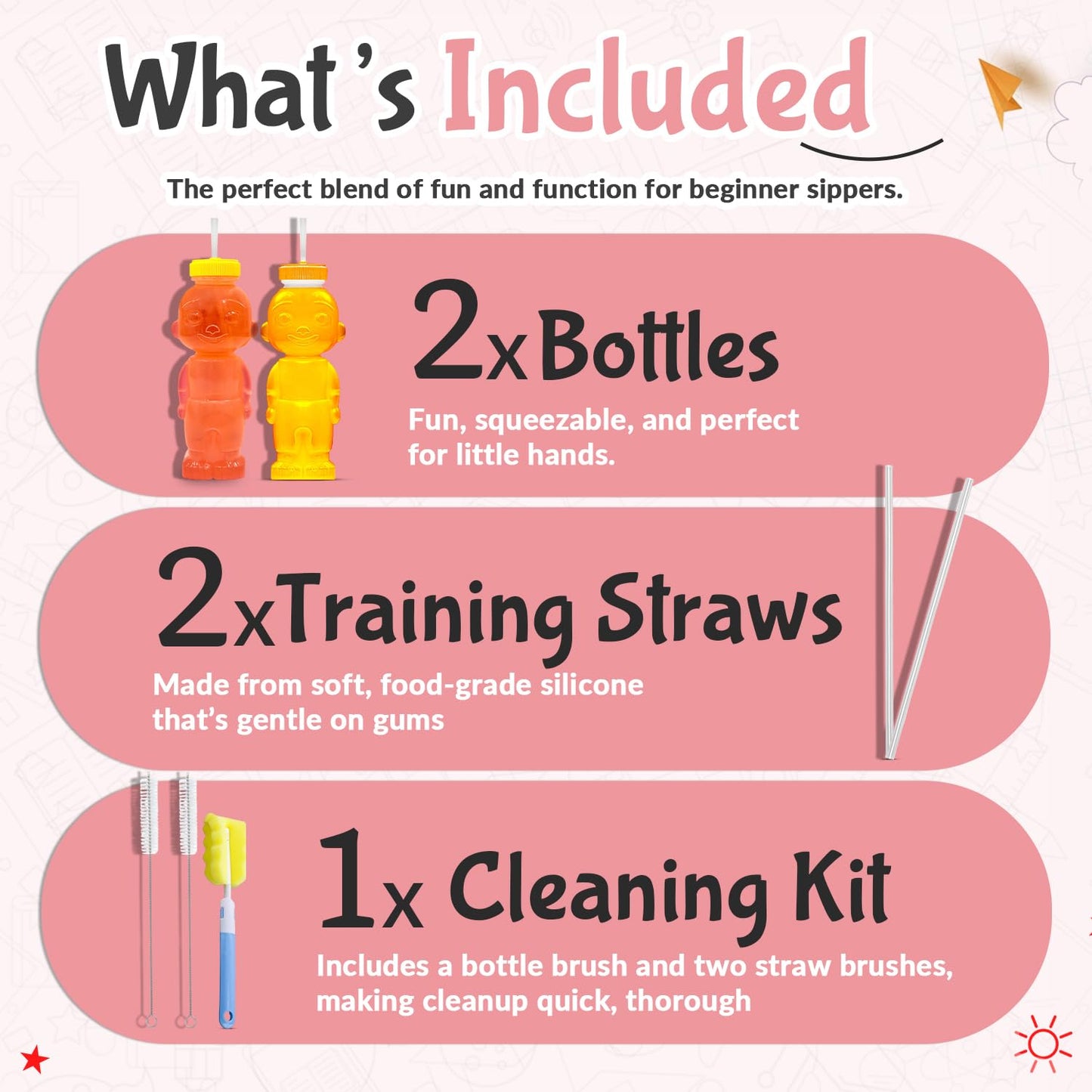 2 Pack Honey Bear Straw Cup for Babies - 8-oz Honeybear Bottle Baby Cup Set with Improved Safety Lid Design,Training Straws & Cleaning Kit, Leak-Proof Therapy Learning Sippy Cups,Food-Grade & BPA Free