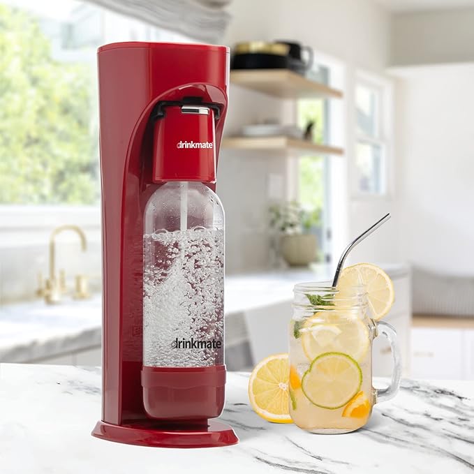 DrinkMate Sparkling Water and Soda Maker, Carbonates ANY Drink, Includes One 1L and One 0.5L Re-usable BPA-free Carbonating Bottles, 60L CO2 Cylinder and Patented Fizz Infuser, Royal Red