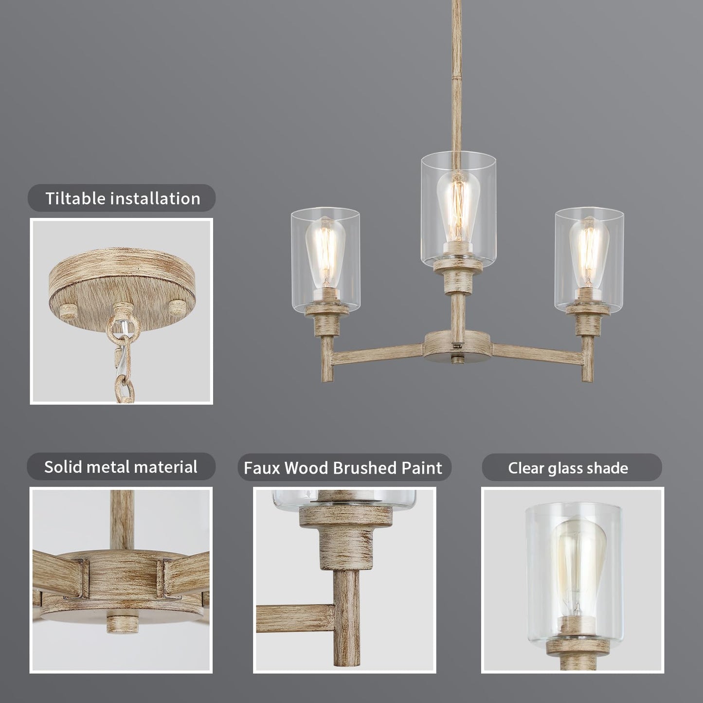 3 Light Farmhouse Chandelier | Rustic Chandeliers For Dining Room Light Fixtures |   Wood Hanging Lighting With Clear Glass Cover For Kitchen Island | Entryway | Bathroom | Corridor | Hallway