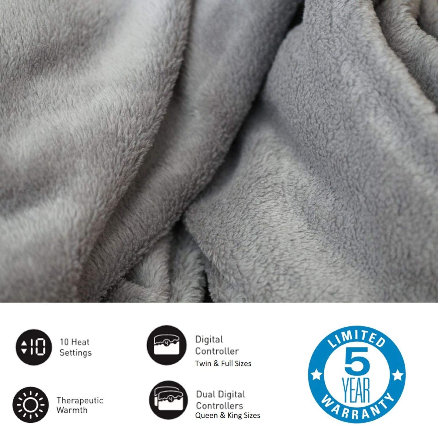 BIDDEFORD BLANKETS Micro Plush Electric Heated Blanket with Digital Controller, King, Grey