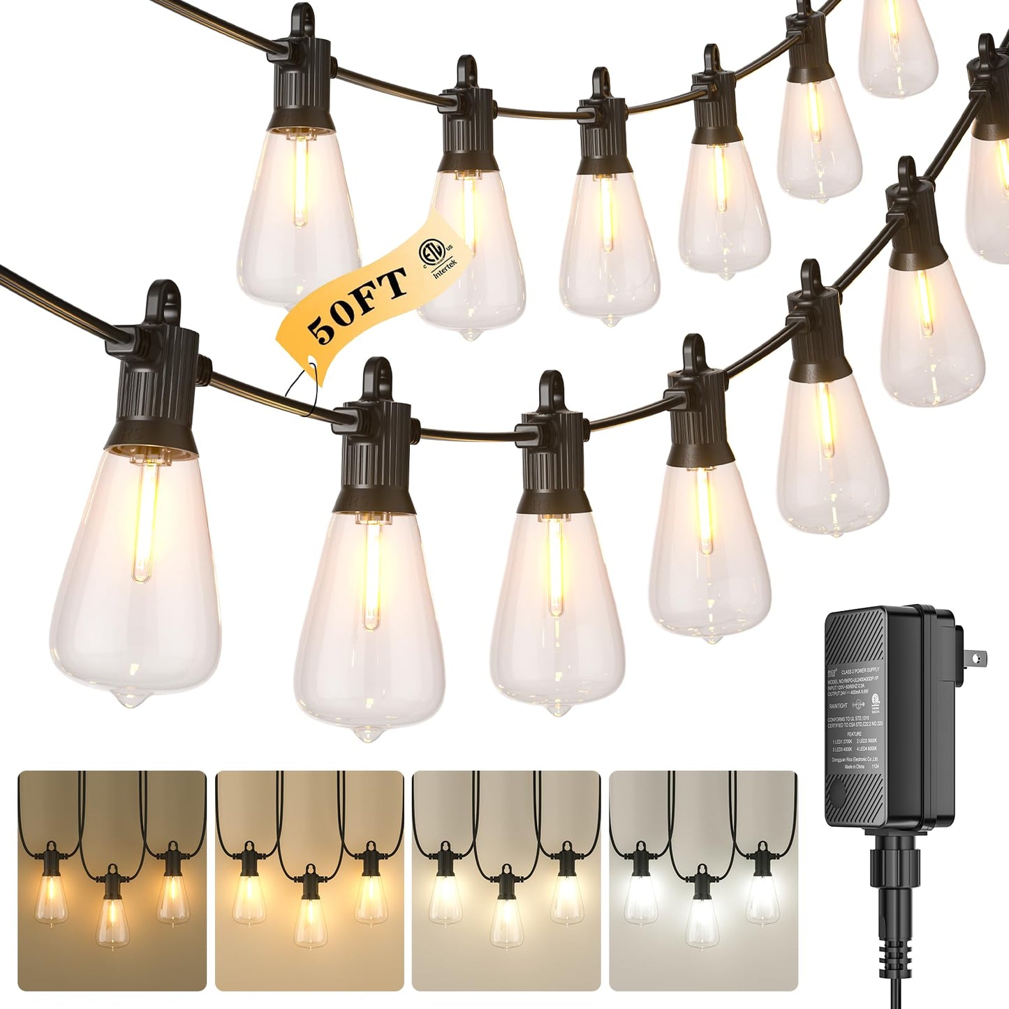 Kawaya Outdoor String Lights - 50FT Dimmable IP64 Waterproof LED Edison Lights for Patio, Black, Model YAST38-50FT-25US
