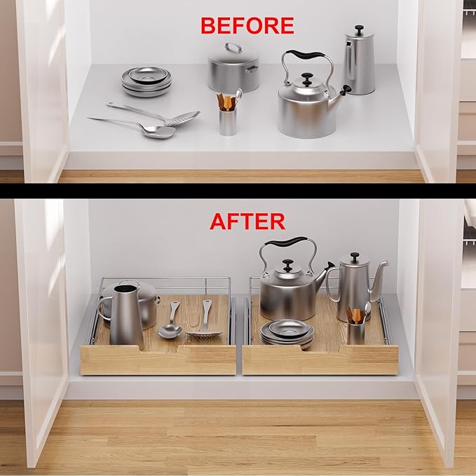 Pull Out Cabinet Organizer,Heavy-Duty Slide Out Shelf, Wood And Wire Basket, Pull Out Drawer for for Kitchen Under Sink Space, Pantry, Bathroom (11 * 21 WM)