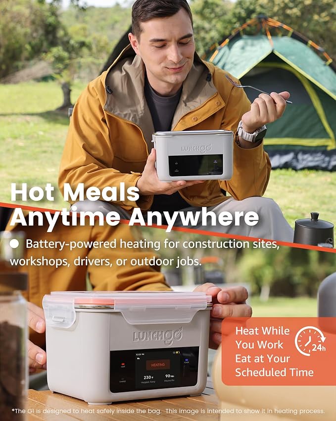 LUNCHGO® G1 Smart Electric Heated Lunch Box – Cordless, 5 Cups Capacity, 74 Wh Battery Powered, 250°F Max, Scheduled Heating, Perfect for Outdoor Work, On-The-Go Meals, 1-Year Warranty (Neon Gray)