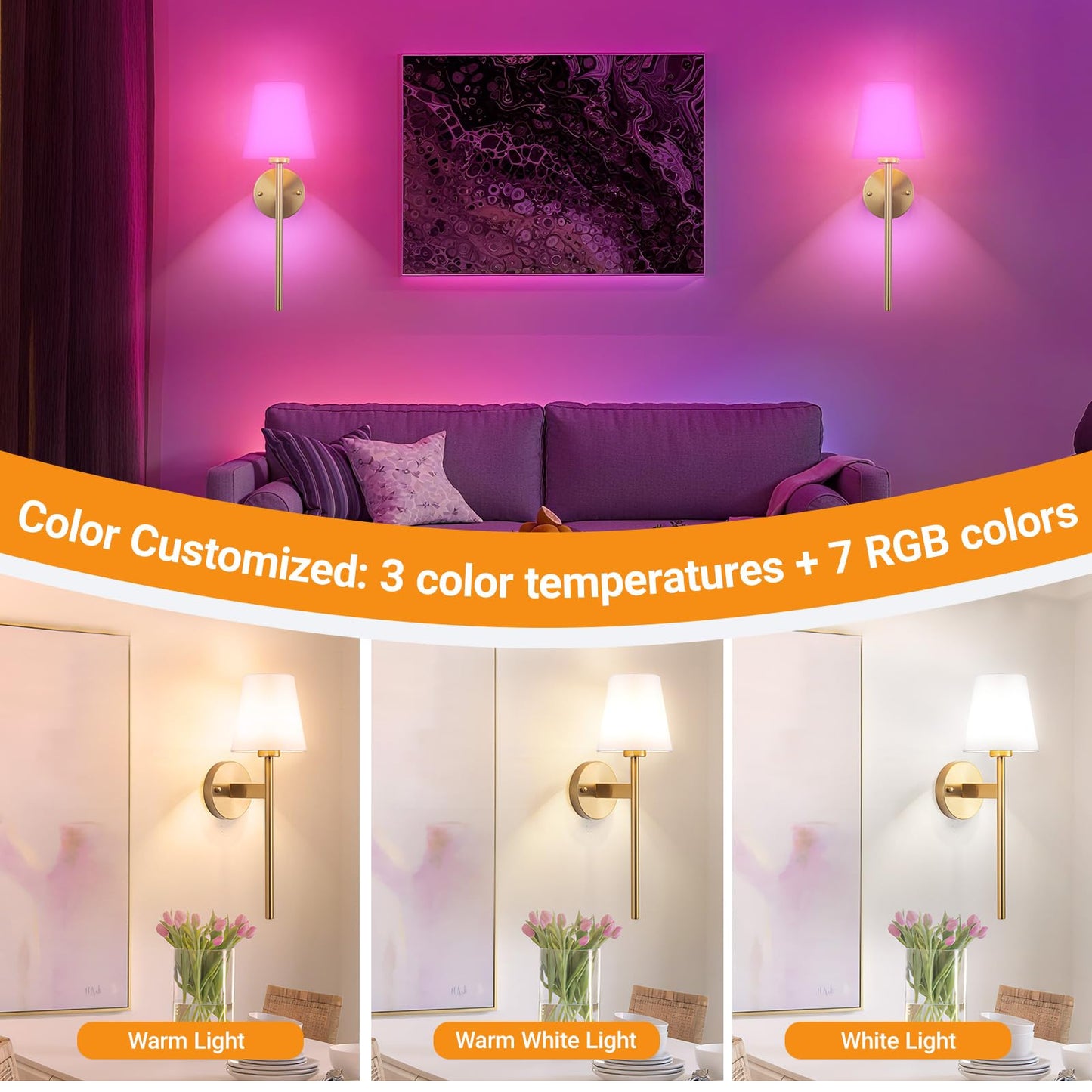 Nekhung Battery Operated Wall Sconces Set of 2, RGB Rechargeable Magnetic Bulb, Brass, 21 inch, Remote Control, One Size