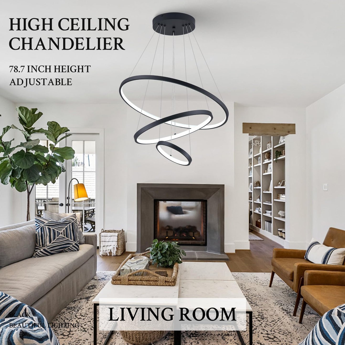 Sparklelf LED Chandelier, 3 Ring Dimmable Round Pendant Light, 23.6inch, Black, Model SE-P16-3BDC1