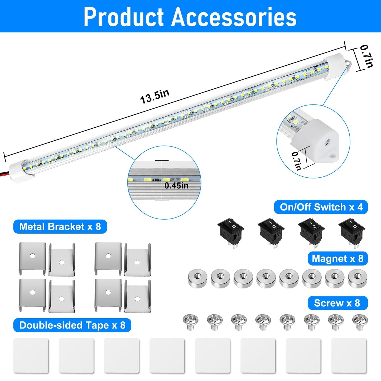 Linkstyle LED Light Bar, 12V 48 LEDs, 6500K White, Aluminum, DIY Switch, Model A167130-L002794203FBA, 4 PCS