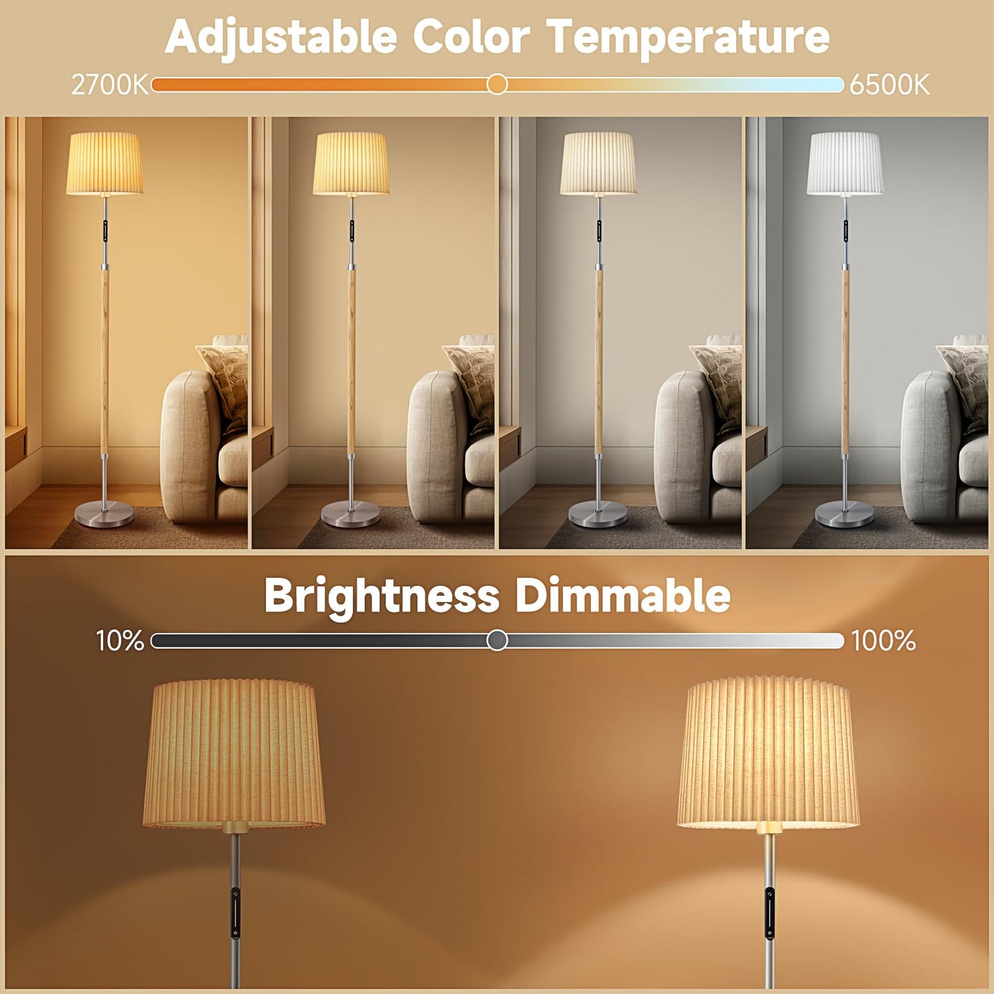 Jeagop 61in Wood Floor Lamp with Remote, Touch Control, Stepless Dimmable, Silver, Model WOFL-2PLS, Modern Farmhouse Design