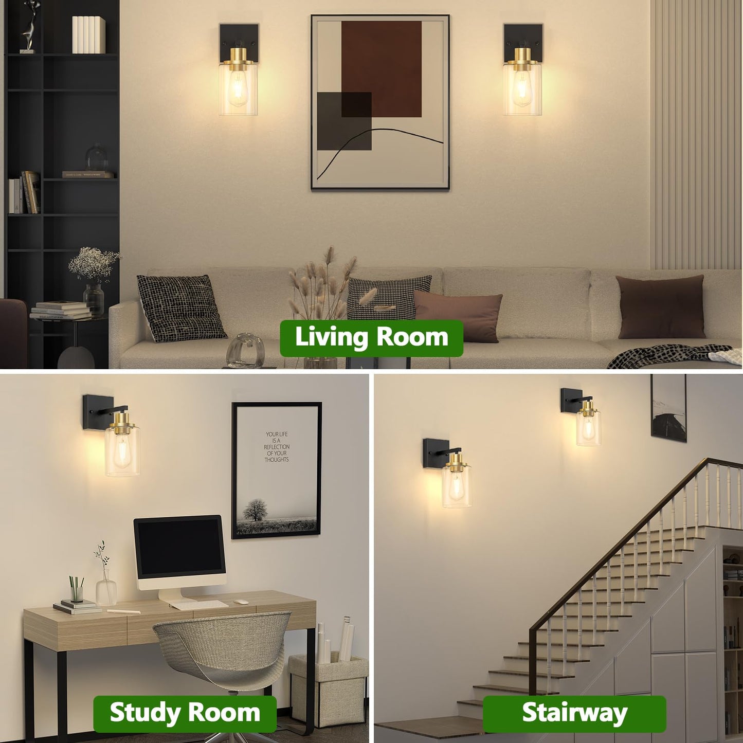 Licperron Wall Sconces Set Of 2, Black & Gold Matte Fixtures With Clear Glass Shade, Model Bg-Glass-Sconce, For Bathroom & Living Room