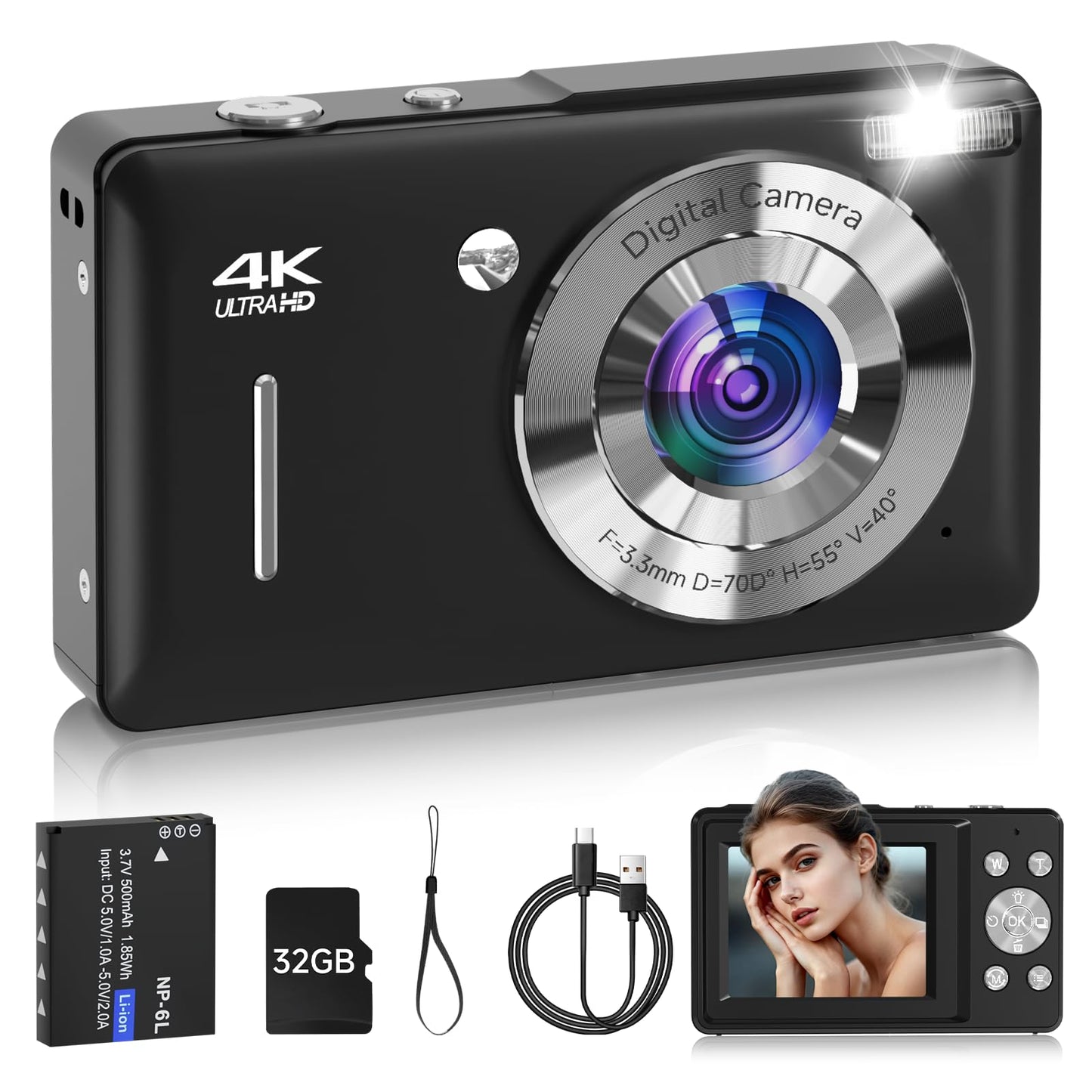 Digital Camera for Kids, FHD 1080P 44MP Point and Shoot Digital Camera with Face Detect, Smile Capture, 18X Zoom, 20 Filters, An