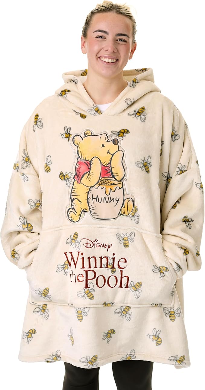 Disney Winnie The Pooh Womens Wearable Blanket Hoodie | Adults Beige Hooded Pullover with Teddy Bear Character and Bumble