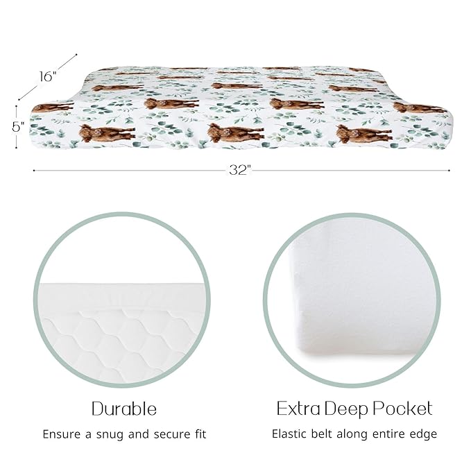 HawSkgFub Highland Cow Eucalyptus Leaf Changing Pad Cover for Baby Girl Boy, Natural Western Farm Animal Diaper Change Table Covers, Soft Stretchy Safe Snug Fitted Changing Mat Sheet Fit 32"/34" x 16"