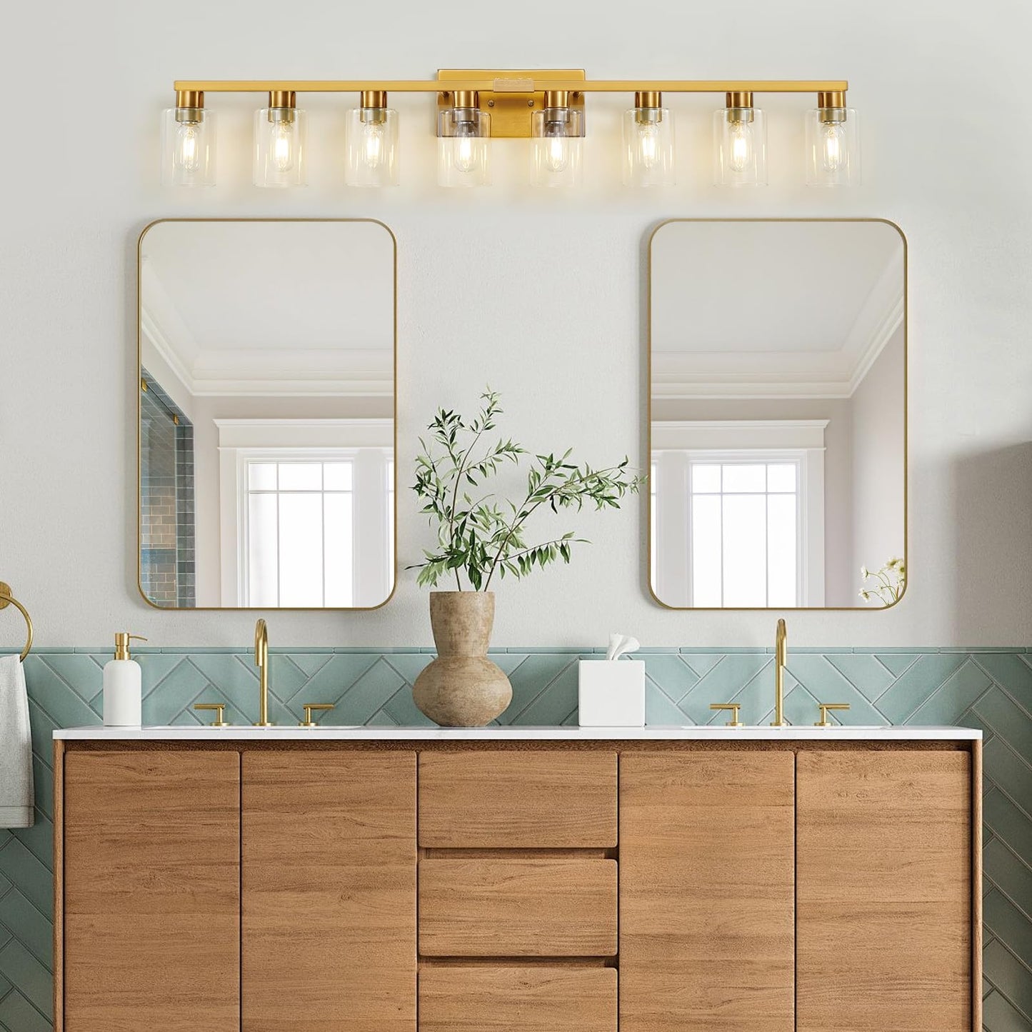 Hdasic 8 Light Gold Bathroom Light Fixtures  Modern Large Vanity Lights With Clear Glass Shade  Brushed Brass Bathroom Lighting Fixtures Over Mirror  Wall Scones Light For Bedroom  Living Room