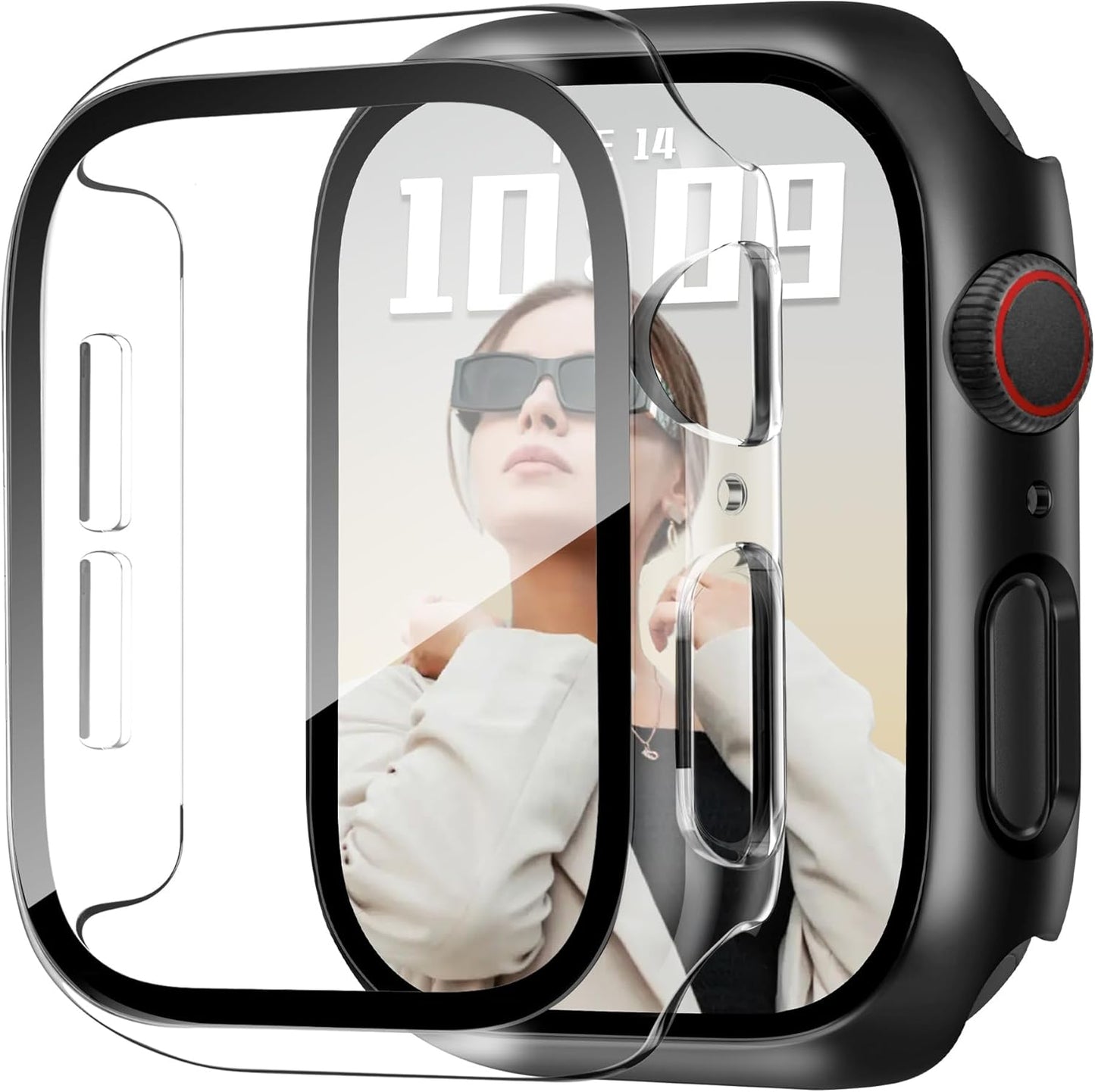 JR.DM 42mm 2 Pack Hard PC Case with HD Tempered Glass Screen Protector for Apple Watch Series 10/11 (2025), Guard Bumper Full Coverage Protective Anti-Scratch Face Cover for iWatch, Black+Clear
