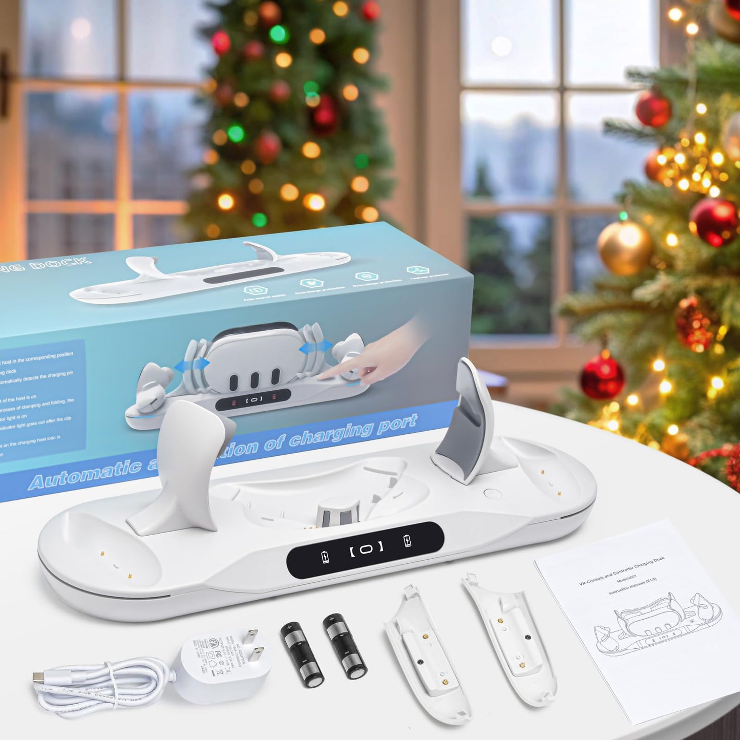Lampelc Charging Dock for Meta Quest 3, Auto-Clamping Fast Charging Station VR Charger Stand for Headset Controllers Accessories, with 2 Rechargeable Batteries, LED Display