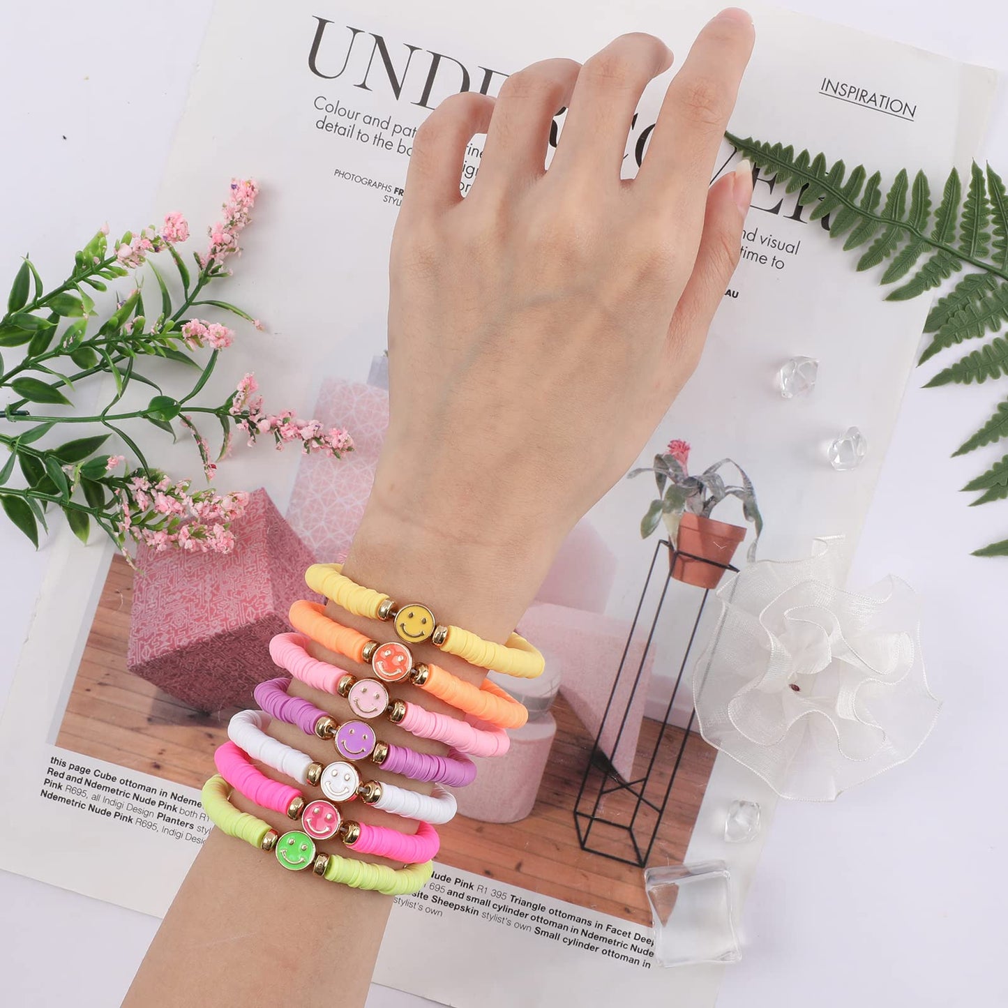 Candy Color Preppy Bracelets for Women Stackable Beaded Bracelets Colorful Smiley Face Friendship Bracelets Stretch Elastic Clay