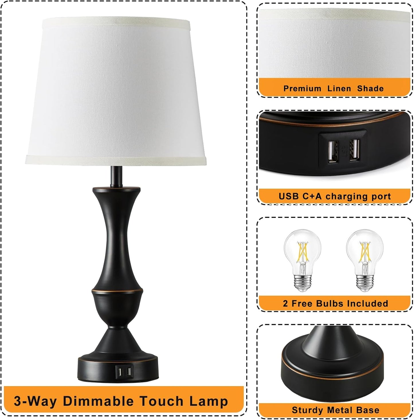 Touch Table Lamps Set of 2, 22" Tall Bedside Lamps with USB C+A Ports, 3-Way Dimmable Nightstand lamps, Table lamp for Bedrooms, Living Room, Office, Black Lamp with White Lampshade, Bulbs Included