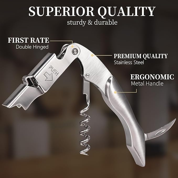 Wine Opener, Wine key, Corkscrew, Wine Bottle Opener w/Foil Cutter and Cap Remover for Servers, Bartenders, Waiters, Sommelier, Wine lover (Stainless steel, Standard)