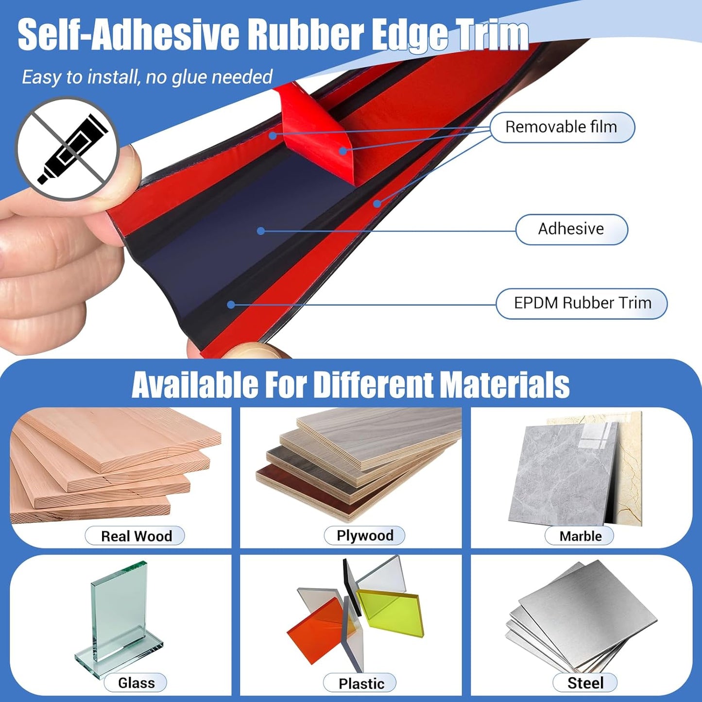 Rubber Edge Trim, Self-Adhesive U Channel Edge Protector for Plywood, Cabinet, 5/8" Wood Edge Banding, Flexible Furniture Repair, EPDM Material, Fit 5/8"(16mm), Length 20Ft, Black Color