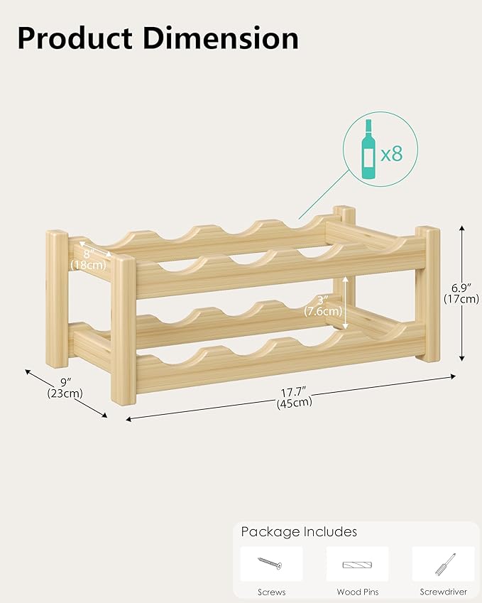 Countertop Wine Rack for Inside Cabinet, Solid Wood 2-Tier Wine Racks for 8 Bottles, Pinewood Liquor Storage Shelf, Water Bottle Organizer for Pantry, Kitchen, Bar, Dining Room (Natural Oak)