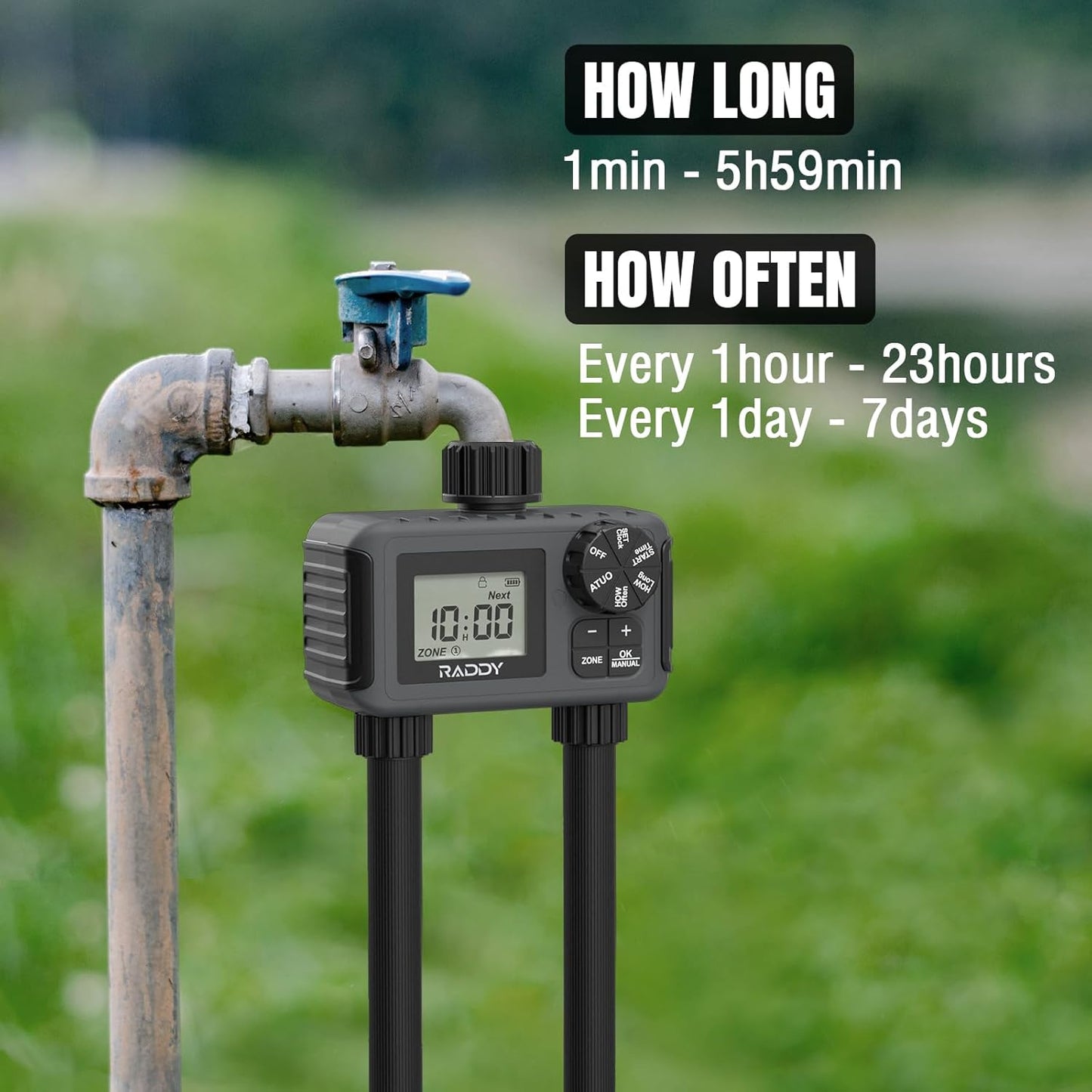Raddy WS-5 Sprinkler Timer 2 Zone, Programmable Water Hose Timer 2 Outlet for Garden, Outdoor Automatic Irrigation System IP55 Waterproof with Rain Delay/Manual for Lawn, Yard, Pool