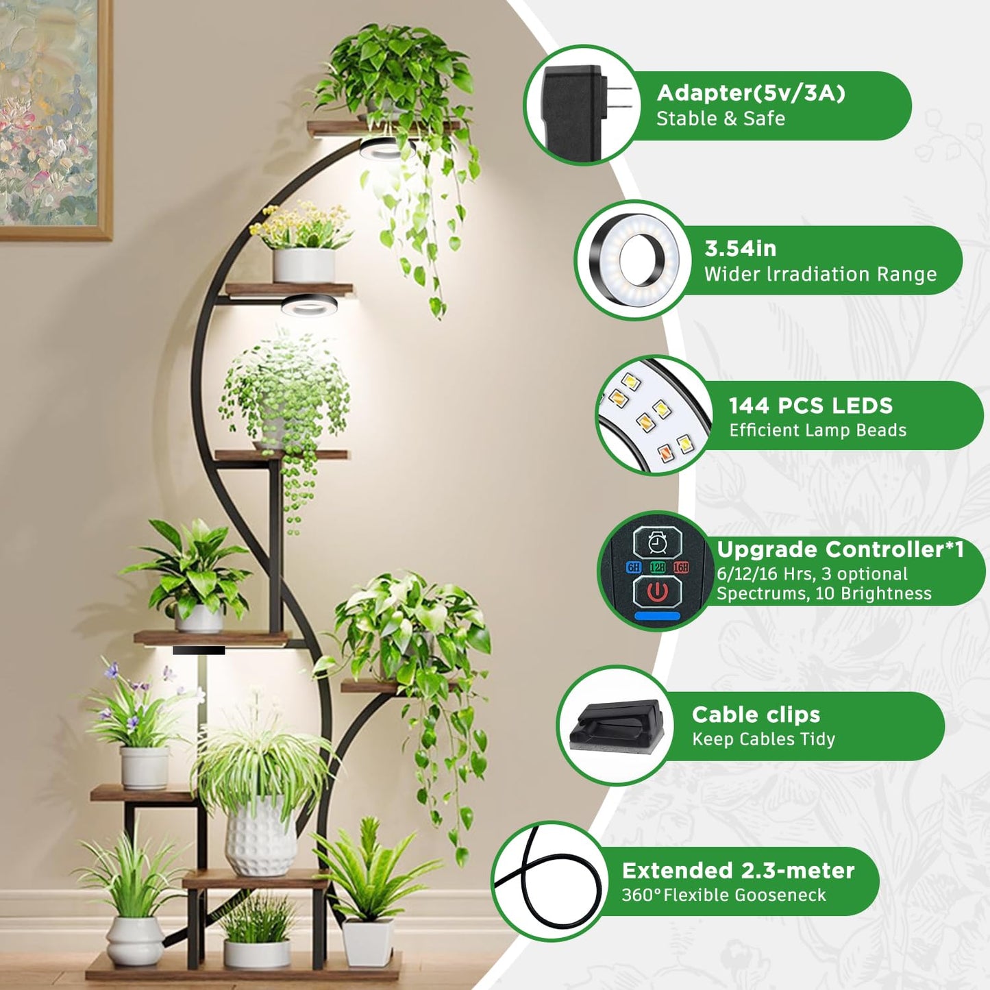 Tri-Head Grow Light For Indoor Plants  10-Level Dimmable Plant Light With 6H/12H/16H Timer  144 Leds Full Spectrum Grow Lamp For Seedlings  3 Lighting Modes  7.5Ft Long Cord For Under Cabinet  Shelves